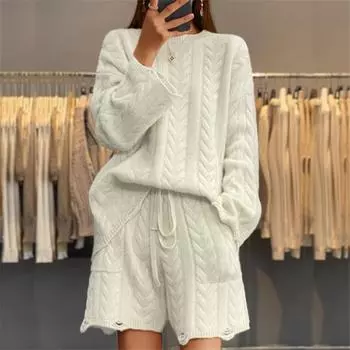 Tooxika Женская осенне-зимняя новая повседневная толстовка с круглым вырезом и длинными рукавами, трикотажные шорты с высокой талией, костюм из двух частей для женщин L чёрный