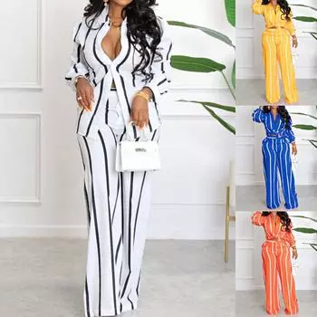 Tooxika Женская полосатая рубашка с длинными рукавами и принтом, прямые брюки, комплект из двух предметов L