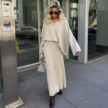 Tooxika женский осенне-зимний новый модный простой стиль V-образный вырез однотонный свободный свитер костюм L чёрный