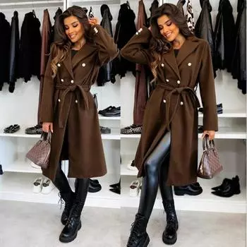 Tooxika Женское Новое Простое и Модное Однотонное Двубортное Шерстяное Пальто С Завязками L абрикосовый