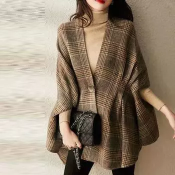 Tooxika Женское Осенне-Зимнее Новое Ретро Клетчатое Свободное Универсальное Пальто-Накидка L хаки