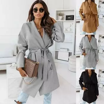 Tooxika Женское шерстяное пальто с длинным рукавом и лацканами, новый однотонный кардиган с завязками на осень и зиму L чёрный