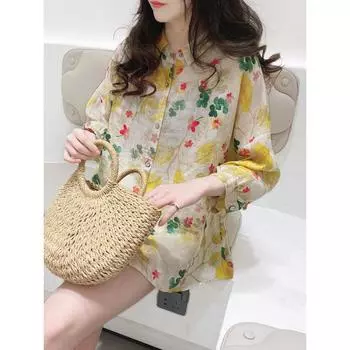 Топ А-силуэта из рами с цветочным принтом и рукавами «летучая мышь» в корейском стиле — свободный, модный и милый Small