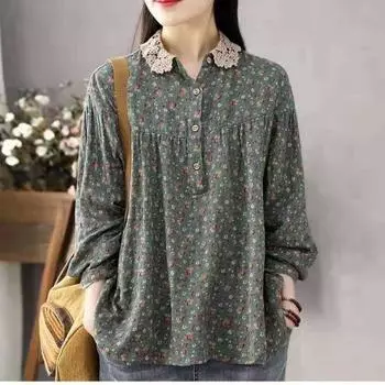 Топ азиатского размера, осенняя художественная хлопковая льняная блузка с винтажным цветочным принтом, топы на пуговицах, повседневная кружевная рубашка с воротником-пэчворком и длинным рукавом для женщин M темно-синий