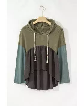 Топ Azura Exchange Laurel Green с комбинированной текстурой и цветными блоками в стиле пэчворк с широкими рукавами, потертостями и капюшоном L лорел зеленый