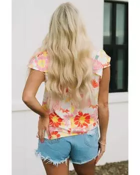 Топ Azura Exchange с цветочным принтом, рукавами-крылышками и воротником-стойкой L разноцветный