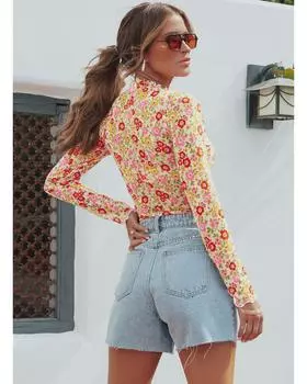 Топ Azura Exchange с длинными рукавами и разноцветным цветочным принтом и салатовым подолом M разноцветный