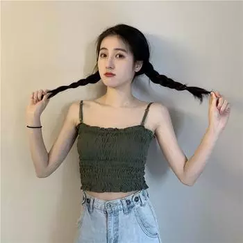 Топ без бретелек, складной низ, плиссированная бретелька, женский черный, с хлопчатобумажной нитью, обернутая грудь, милая внутри, плиссированная верхняя одежда One Size