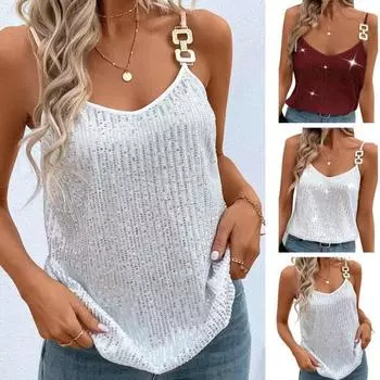 Топ без рукавов с v-образным вырезом, регулируемые бретели, свободный крой, тонкий, блестящий, однотонный жилет с блестками, уличная одежда M вино красного