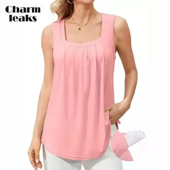 Топ Charmleaks со встроенными бюстгальтерами для женщин, летние плиссированные топы с квадратным вырезом, струящиеся рубашки без рукавов XXL синий