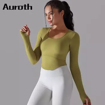 Топ для йоги Auroth с отверстием для большого пальца, женские рубашки для бега с длинными рукавами, быстросохнущие укороченные топы для спортзала и фитнеса, спортивные рубашки S белый