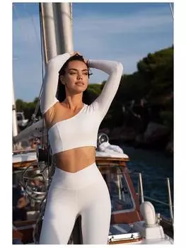 Топ для йоги с открытыми плечами, длинными рукавами и накладкой на грудь в европейском и американском стиле — высокоэластичный, ударопрочный, удобный для танцев и фитнеса Medium