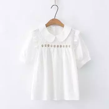 Топ для мягкой девушки в японском стиле, кружевной, с оборками, с короткими рукавами, вышивка White(Pure cotton) L