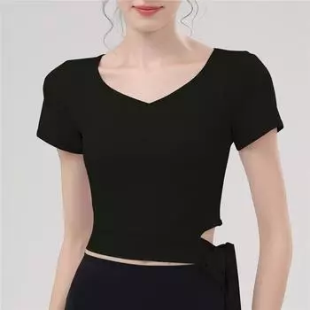 Топ для пилатеса и йоги с коротким рукавом, облегающий крой, быстросохнущий, утягивающий, V-образный вырез, боковые бретели, шорты для пилатеса, шорты для фитнеса с коротким рукавом, женские L