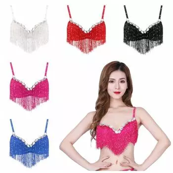 Топ для танца живота со стразами и кисточками, топ на бретельках через шею, бюстгальтер для танца живота, модная сцена розы красного