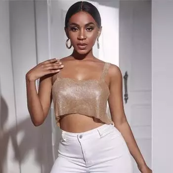 Топ для выпускного бала с бретельками через шею из металлического листа со стразами и вспышками на подтяжках One Size чёрный