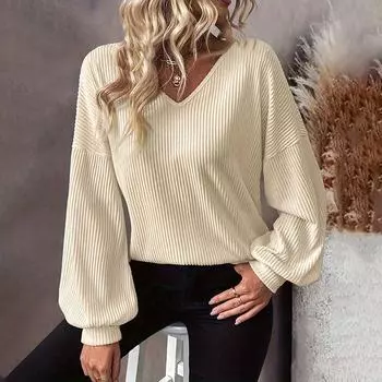 Топ для женщин, рубашка с длинным рукавом, свободные хлопковые топы, осенние удобные эластичные внутренние футболки, однотонные топы с V-образным вырезом S