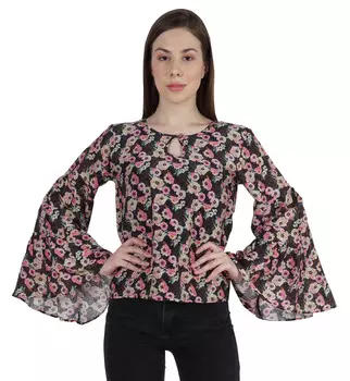 Топ для женщин с вырезом замочной скважины Moomaya Повседневный хлопок с расклешенным рукавом с принтом L розовый