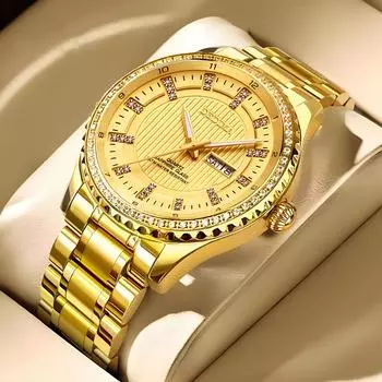 Топ модные мужские часы с бриллиантами и двойным календарем, водонепроницаемые, светящиеся, с ремешком из нержавеющей стали, с пряжкой-бабочкой, деловые часы, мужские, золотые