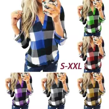TOP-FASHION-WOMEN Осенняя клетчатая рубашка с принтом и V-образным вырезом, свободная блузка с длинными рукавами, топ XXL красный
