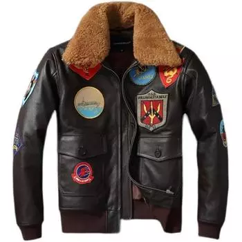 Топ G1 из натуральной воловьей кожи, мужская кожаная куртка со съемным меховым воротником, летный костюм, куртки для мужчин, военное пальто-авиатор, зимнее S чёрный