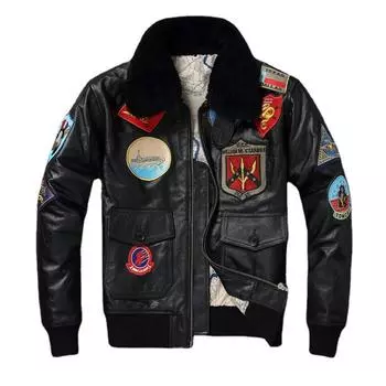 Топ G1 из натуральной воловьей кожи, мужская кожаная куртка со съемным меховым воротником, летный костюм, куртки для мужчин, военное пальто-авиатор, зимнее S чёрный