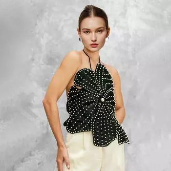 Топ-халтер с цветочным узором и бусинами в европейском и американском стиле: 2025 Весенняя мода женская сексуальная жилетка-труба на шнуровке Small