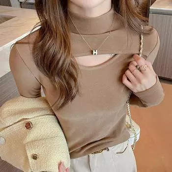 Топ из бархата с длинным рукавом и высоким воротом, женский, осенне-зимний, тонкий, с вырезом, с дизайном Sense S