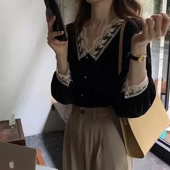 Топ из бархата с кружевной отделкой в стиле пэчворк с V-образным вырезом - Женский корейский придворный стиль L чёрный