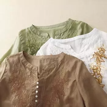 Топ из хлопка и льна для женщин, хлопковый шелк, рукава средней длины, рукав три четверти, модная летняя футболка с короткими рукавами для мам среднего возраста M белый