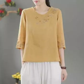 Топ из хлопка и льна с вышивкой в стиле ретро и этническом стиле, облегающий и свободный крой, круглый вырез, короткие рукава - женская летняя мода L