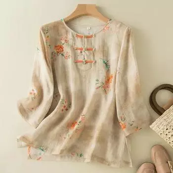 Топ из хлопка и льна в китайском стиле с абрикосовым цветочным принтом, футболка с коротким рукавом и круглым вырезом, женская блузка, рубашка, женская одежда, топы XXL абрикосовый