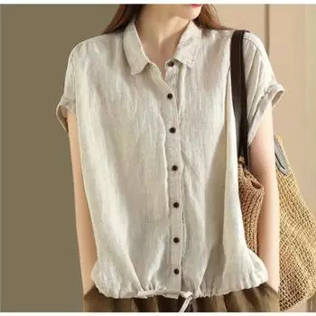 Топ из хлопка с короткими рукавами, женская повседневная рубашка в стиле темперамент, летние блузки, кардиган на шнурке, универсальный, художественный M коричневый