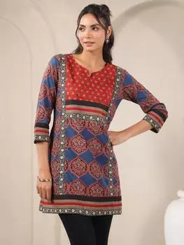 Топ из хлопка с принтом ручной работы, индийская курти с принтом Джайпури, женская короткая хлопковая блузка-курта красного и синего цвета, топ из курти с принтом ручной работы, рукав 3/4 S красный/синий