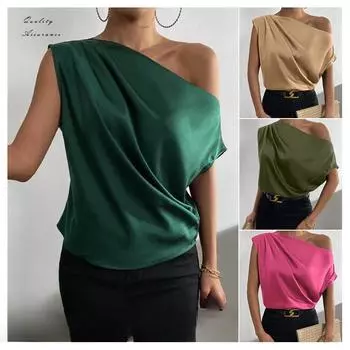 Топ из искусственного шелка и атласа с бретелью через шею 2025 года, однотонный атласный пуловер без рукавов для женщин, сексуальный короткий топ с базовым слоем S белый