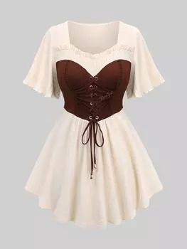 Топ из крепа Rosegal размера плюс с кружевной отделкой и люверсами на шнуровке и оборками L кофейный