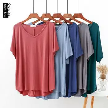 Топ из модала с V-образным вырезом и асимметричным вырезом - большой размер, короткие рукава, весна/лето. Large