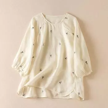 Топ из рами с разрезными рукавами, тонкой вышивкой и свободной хлопковой льняной рубашкой для летних блузок и рубашек L абрикосовый