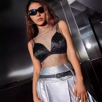 Топ из рыболовной сети со стразами, летний, сетчатый, с ромбовидным узором, женский, с короткими рукавами XS чёрный