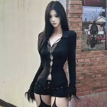 Топ Kexin с кружевными вставками и вырезами, облегающий талию - Модал 260г, Регулируемый дизайн 2x2, Острый и сексуальный стиль M