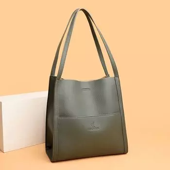 Top Layer Cattlehide Leather Fashion Large Capacity All-Match Ladies Bags Green