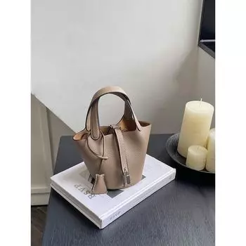Top Layer Cattlehide Leather Fashion Large Capacity Handbag Elephant Grey-small size