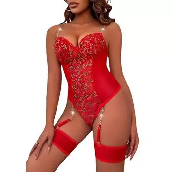 Топ модных женских прозрачных сетчатых комбинезонов с вышивкой, чулки, цельное европейское и американское нижнее белье S