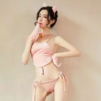 Топ модный женский сексуальный милый кошачий три-точечный пояс для живота пижамный комплект постельное белье пудра эротическое нижнее белье One Size