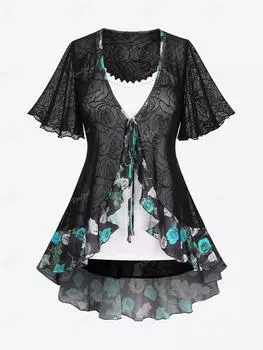 Топ на бретельках Rosegal размера плюс с заклепками и кружевной отделкой, сетчатый топ с цветочными оборками и шифоновой отделкой, завязывающийся топ-тюльпан L чёрный