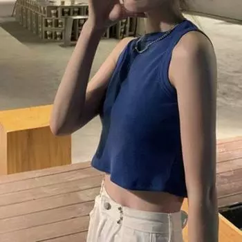 Топ на бретельках с круглым вырезом и лямкой на бретельках, женские летние майки с открытой спиной, модный повседневный женский укороченный жилет без рукавов S темно-синий