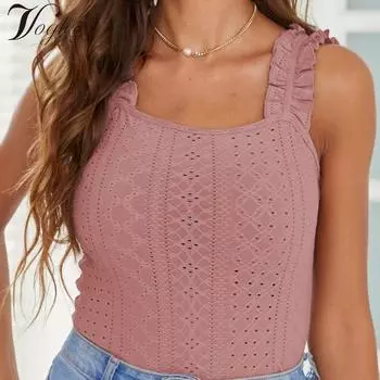 Топ на бретельках с люверсами и оборками, однотонный тонкий топ без рукавов для отдыха, женская одежда XS розовый