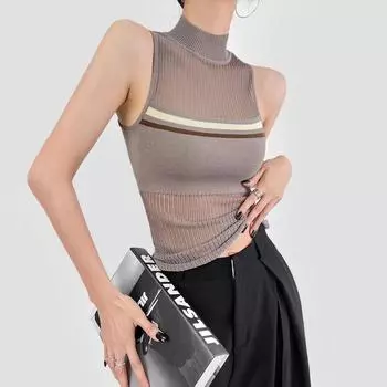 Топ на бретельках в стиле гранж в стиле пэчворк, водолазка с вырезом, вязаный жилет Y2k, эстетика, майка в стиле Харадзюку, корейский стиль, без рукавов, A-007 One Size чёрный