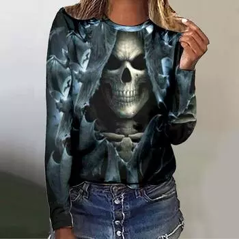 Топ на Хэллоуин, пуловер с v-образным вырезом, модная повседневная футболка, осень-зима, женский новый дизайн, с принтом, длинным рукавом, XS-8XL 6XL