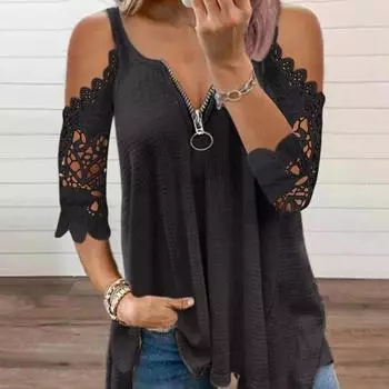 Топ на молнии с открытыми плечами и v-образным вырезом с короткими рукавами и кружевной строчкой, повседневные топы на каждый день, женская одежда S